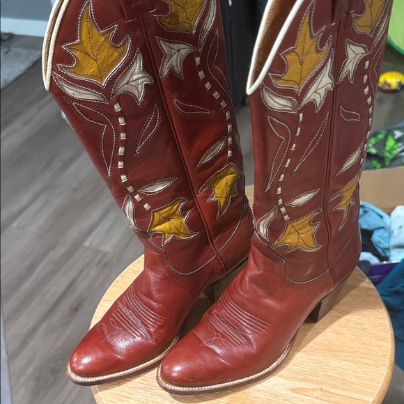 Dan Post Red Leather Heeled Boots with Yellow and Cream Accents - Picture 2 of 11